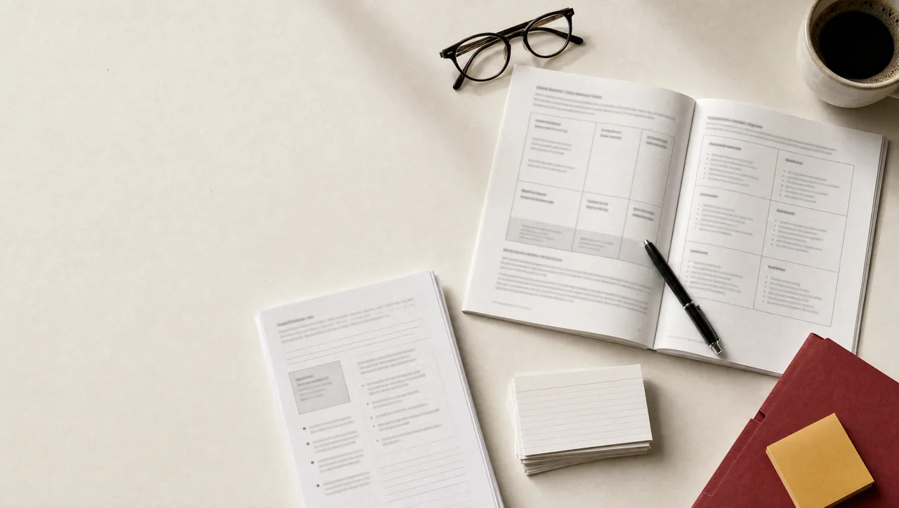 A planning template, a stack of handouts, index cards and a crimson folder laid out on a desk