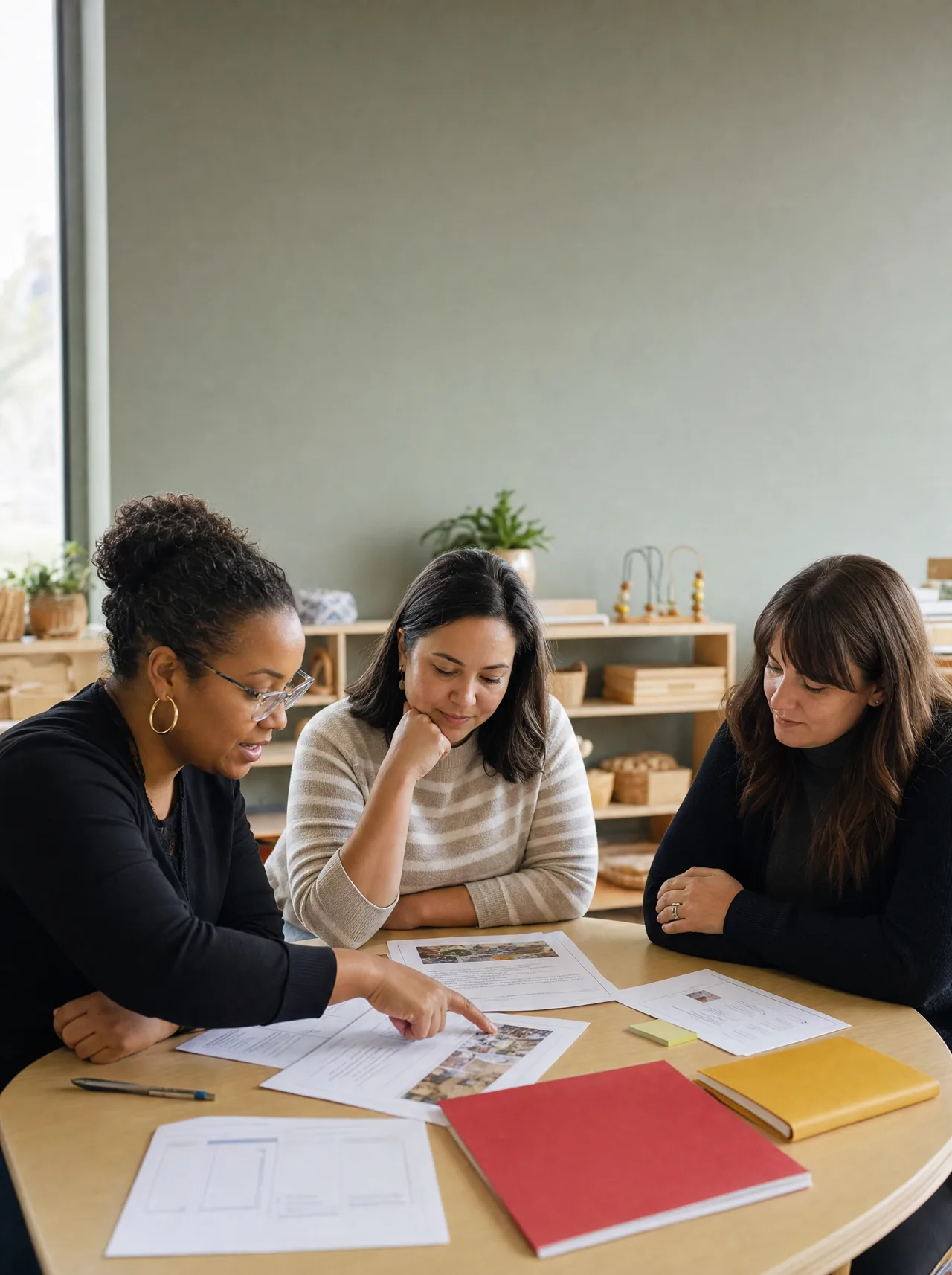 Three early childhood educators leaning over a printed professional learning plan at a workshop table